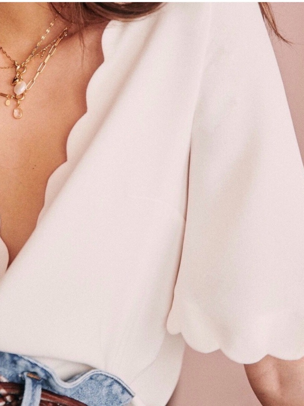 ISO SEZANE Antika Scalloped Sleeve V-Neck Blouse in Soft Ivory